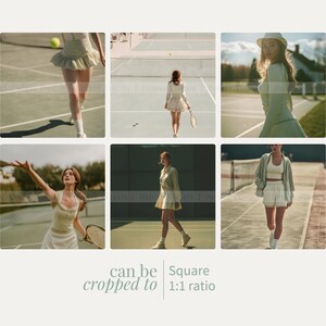 May include: A collection of six square images featuring tennis attire. The outfits include tennis skirts, tops, and jackets in shades of green and white. The images show people on a tennis court, with tennis rackets and balls.