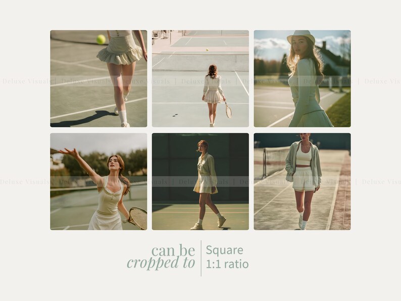May include: A collection of six square images featuring tennis attire. The outfits include tennis skirts, tops, and jackets in shades of green and white. The images show people on a tennis court, with tennis rackets and balls.