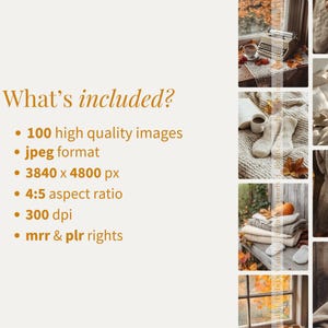 May include: A collage of cozy autumn-themed images. The images include a typewriter, coffee, socks, blankets, and fall leaves. The text "What's included?" is at the top, followed by details about the images, including 100 high-quality images, jpeg format, 3840 x 4800 px, 4:5 aspect ratio, 300 dpi, and mrr & plr rights.