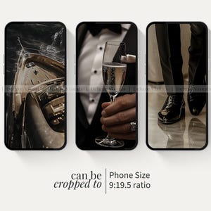 May include: Three different phone screen images. The first image shows a boat on the water. The second image shows a man holding a glass of champagne. The third image shows a man's feet in black shoes.