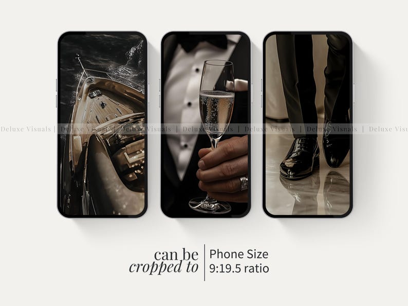 May include: Three different phone screen images. The first image shows a boat on the water. The second image shows a man holding a glass of champagne. The third image shows a man's feet in black shoes.