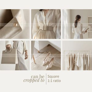 May include: A collage of images featuring a beige tote bag, a white blouse with a beige pleated skirt, a woman wearing a white blazer, a pair of beige heels, and a rack of clothes. The text "can be cropped to Square 1:1 ratio" is at the bottom of the image.