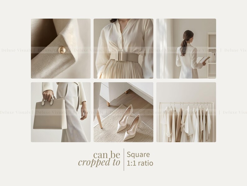 May include: A collage of images featuring a beige tote bag, a white blouse with a beige pleated skirt, a woman wearing a white blazer, a pair of beige heels, and a rack of clothes. The text "can be cropped to Square 1:1 ratio" is at the bottom of the image.