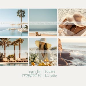 May include: A collage of six square images featuring various summer scenes. The top row shows a pool with palm trees, a beach with a chair, and a woman in a white hat floating in the water. The bottom row shows a pool with lounge chairs, a woman in a white dress and hat sitting on a blanket with lemons, and a rocky beach with waves crashing.