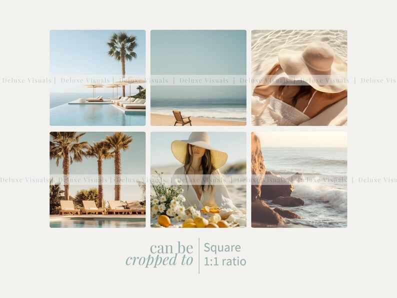 May include: A collage of six square images featuring various summer scenes. The top row shows a pool with palm trees, a beach with a chair, and a woman in a white hat floating in the water. The bottom row shows a pool with lounge chairs, a woman in a white dress and hat sitting on a blanket with lemons, and a rocky beach with waves crashing.