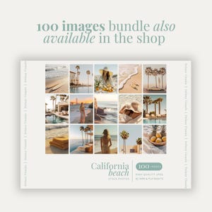 May include: A collage of 16 images showcasing a California beach theme. The images feature palm trees, beaches, ocean views, and people enjoying the beach. The text "California beach" and "100 images" are displayed on the collage.