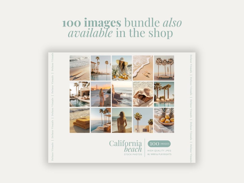 May include: A collage of 16 images showcasing a California beach theme. The images feature palm trees, beaches, ocean views, and people enjoying the beach. The text "California beach" and "100 images" are displayed on the collage.