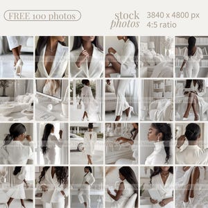 May include: A collection of stock photographs showing women in white outfits, including blazers and trousers. The images have a clean, minimalist style. Text at the top reads "FREE 100 photos" and "stock photos 3840 x 4800 px 4:5 ratio."