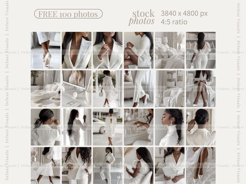 May include: A collection of stock photographs showing women in white outfits, including blazers and trousers. The images have a clean, minimalist style. Text at the top reads "FREE 100 photos" and "stock photos 3840 x 4800 px 4:5 ratio."