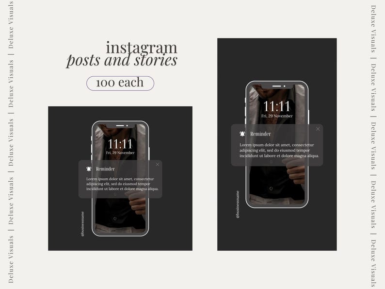 May include: A black and white image of a smartphone with a notification that reads "Reminder: Lorem ipsum dolor sit amet, consectetur adipiscing elit, sed do eiusmod tempor incididunt ut labore et dolore magna aliqua." The time on the phone is 11:11 and the date is Fri, 29 November.