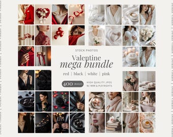 May include: A collage of images featuring various Valentine's Day themes, including red, black, white, and pink. The images include couples, flowers, hearts, and other romantic elements. The text "Valentine mega bundle" is displayed in the center of the collage.