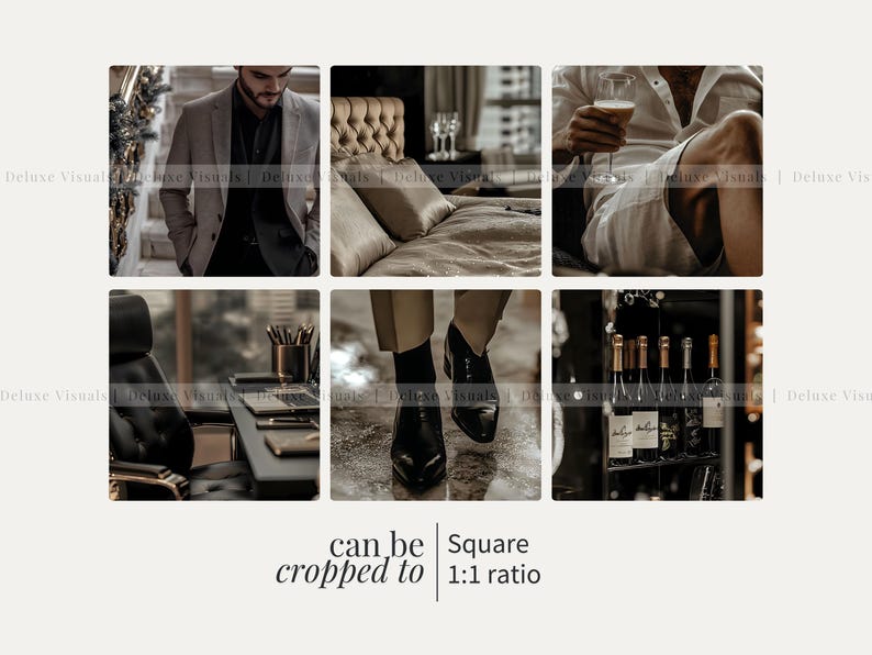 May include: A collage of images featuring a man in a brown suit, a luxurious bedroom with a gold headboard, a man holding a glass of champagne, a black leather office chair, a man's legs wearing brown pants and black shoes, and a shelf with bottles of champagne.