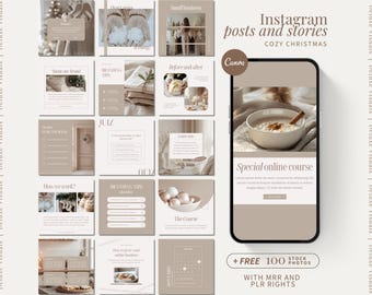 May include: A collection of Instagram post templates with a cozy Christmas theme. The templates feature neutral tones, with text overlays and images of food and decor. The phone screen displays a special online course advertisement.