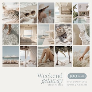 May include: A collage of 100 images featuring a weekend getaway theme. The images showcase a variety of scenes, including a beach, a pool, a hammock, a palm tree, and a white building. The images are all in a light and airy style, with a focus on relaxation and tranquility.