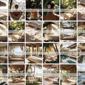 May include: A collection of images depicting a tropical resort. The scenes include outdoor seating, bedrooms, and swimming pools. The colour scheme is neutral with natural tones, featuring wood, stone, and greenery. Some images show people relaxing in hammocks and enjoying the beach.