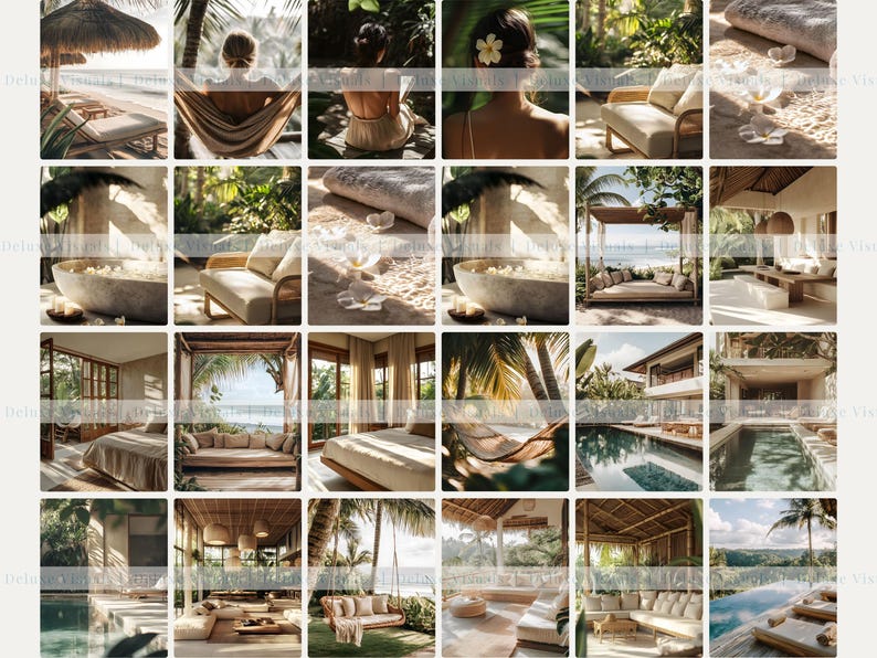 May include: A collection of images depicting a tropical resort. The scenes include outdoor seating, bedrooms, and swimming pools. The colour scheme is neutral with natural tones, featuring wood, stone, and greenery. Some images show people relaxing in hammocks and enjoying the beach.