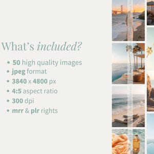 May include: A collage of images showcasing a collection of 50 high-quality images in JPEG format. The images are 3840 x 4800 pixels, have a 4:5 aspect ratio, and are 300 dpi. The images include beach scenes, sunsets, and ocean views.
