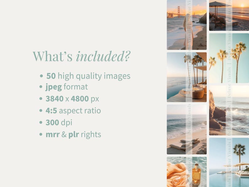 May include: A collage of images showcasing a collection of 50 high-quality images in JPEG format. The images are 3840 x 4800 pixels, have a 4:5 aspect ratio, and are 300 dpi. The images include beach scenes, sunsets, and ocean views.
