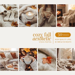 Puede incluir: Una colección de fotos de archivo con estética otoñal acogedora. Las imágenes presentan tonos cálidos, café, suéteres y hojas de otoño. El texto de la imagen dice "cozy fall aesthetic" y "50 images".