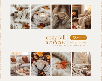 May include: A collection of cozy fall aesthetic stock photos. The images feature warm tones, coffee, sweaters, and autumn leaves. The text on the image says "cozy fall aesthetic" and "50 images".