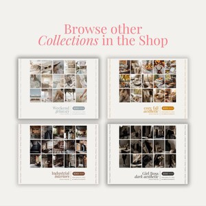 May include: Four digital collage mood boards with different themes: Weekend Getaway, Cozy Fall Aesthetic, Industrial Interiors, and Girl Boss Dark Aesthetic. Each board features a grid of 16 images.