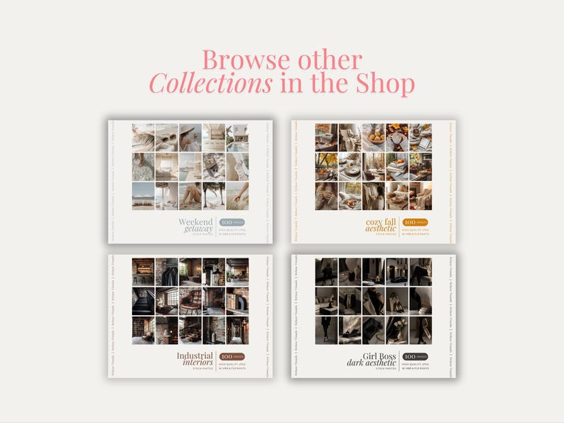May include: Four digital collage mood boards with different themes: Weekend Getaway, Cozy Fall Aesthetic, Industrial Interiors, and Girl Boss Dark Aesthetic. Each board features a grid of 16 images.