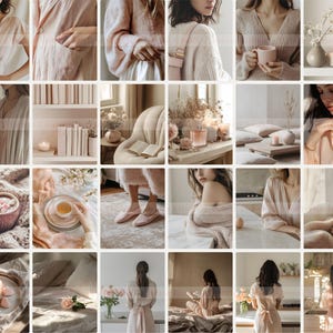 May include: A collage of images featuring a variety of items in a neutral color palette, including candles, books, mugs, and clothing. The images are arranged in a grid pattern and create a calming and cozy aesthetic.