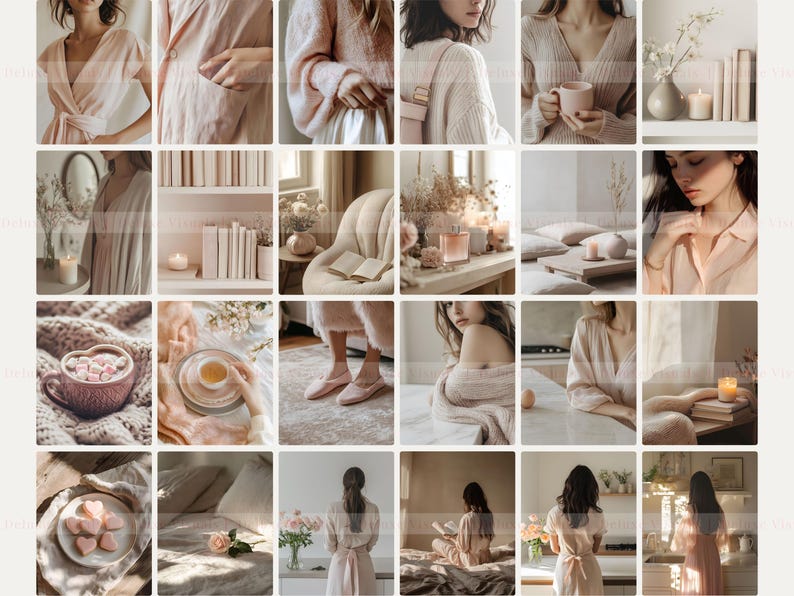 May include: A collage of images featuring a variety of items in a neutral color palette, including candles, books, mugs, and clothing. The images are arranged in a grid pattern and create a calming and cozy aesthetic.