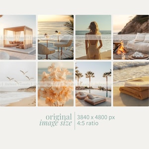 May include: A collage of nine images showcasing a beach vacation theme. The images feature a beach scene with a wooden canopy, a woman in a white dress standing on a beach, a bonfire on the beach, a beach with a towel, a beach with a couple of lounge chairs, a beach with a wooden canopy, a beach with a towel, a beach with a couple of lounge chairs, and a close-up of dried flowers.
