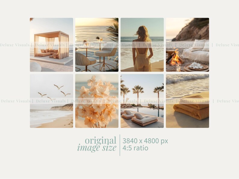 May include: A collage of nine images showcasing a beach vacation theme. The images feature a beach scene with a wooden canopy, a woman in a white dress standing on a beach, a bonfire on the beach, a beach with a towel, a beach with a couple of lounge chairs, a beach with a wooden canopy, a beach with a towel, a beach with a couple of lounge chairs, and a close-up of dried flowers.