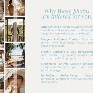 May include: A collection of lifestyle images with text stating "Why these photos are tailored for you." The text outlines benefits for entrepreneurs, bloggers, graphic designers, e-commerce sellers, and marketing professionals.