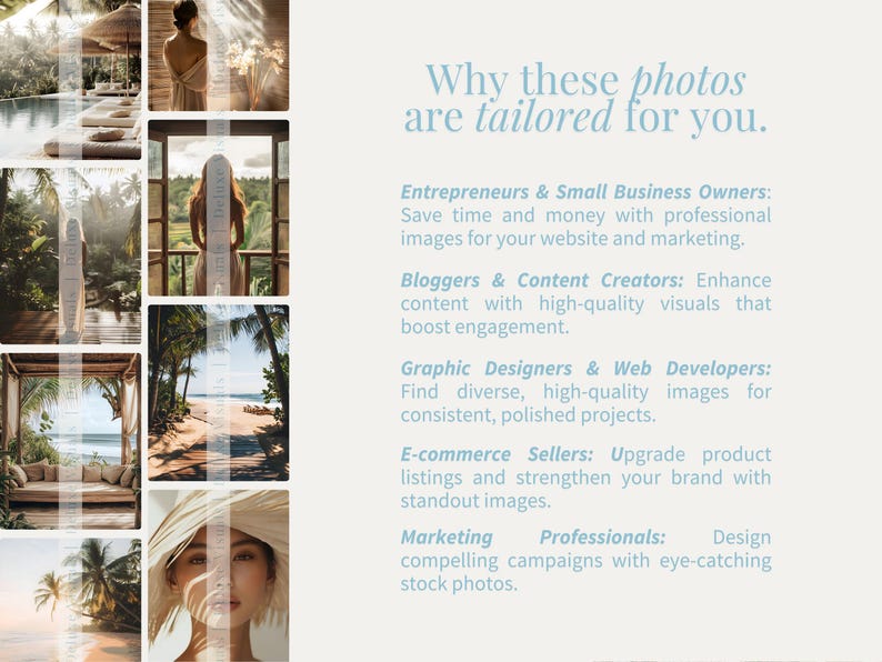 May include: A collection of lifestyle images with text stating "Why these photos are tailored for you." The text outlines benefits for entrepreneurs, bloggers, graphic designers, e-commerce sellers, and marketing professionals.