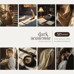 May include: A collection of 50 high-quality stock photos with a dark academia theme. The images feature a variety of subjects, including books, candles, vintage typewriters, and people in elegant clothing. The images are perfect for use in blogs, social media, or any project that requires a sophisticated and stylish aesthetic.