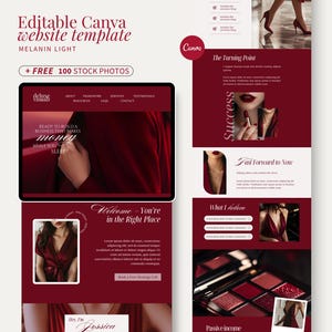 Può includere: Un design di template per siti web in bordeaux e bianco, con il testo "Editable Canva website template" e "Melanin Light". Include un mockup di tablet, immagini e le parole "Success" e "Passive income".