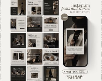 Dark Aesthetic Instagram Posts & Stories Template Digital Marketing Canva Coach Branding Dark Luxury Stock Photo MRR PLR Social Media Bundle