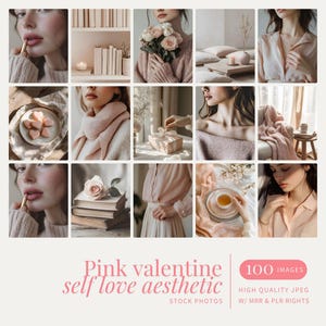 May include: A collage of 12 images featuring a pink and white color scheme. The images depict a variety of scenes, including a woman applying lipstick, a woman wearing a pink scarf, a woman holding a bouquet of pink roses, and a woman holding a cup of tea. The images are arranged in a grid pattern and are surrounded by a white border. The text "Pink valentine self love aesthetic" is displayed at the bottom of the collage.