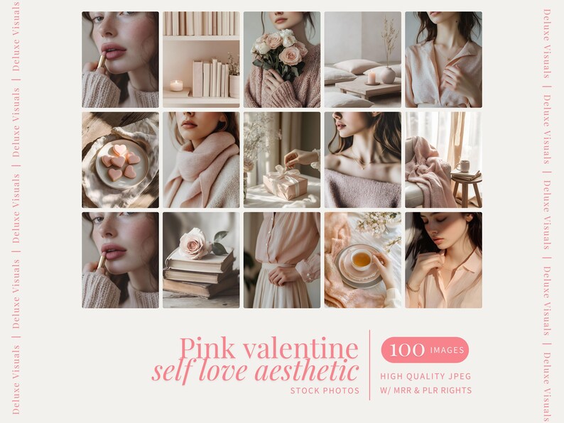 May include: A collage of 12 images featuring a pink and white color scheme. The images depict a variety of scenes, including a woman applying lipstick, a woman wearing a pink scarf, a woman holding a bouquet of pink roses, and a woman holding a cup of tea. The images are arranged in a grid pattern and are surrounded by a white border. The text "Pink valentine self love aesthetic" is displayed at the bottom of the collage.