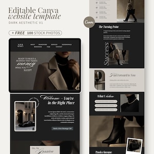 May include: A dark aesthetic website template design with the text "Editable Canva website template" and "+ FREE 100 STOCK PHOTOS". The design includes a tablet and phone mockup, and the text "READY TO BUILD A BUSINESS THAT MAKES MONEY WHILE YOU SLEEP?"