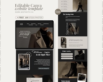 May include: A dark aesthetic website template design with the text "Editable Canva website template" and "+ FREE 100 STOCK PHOTOS". The design includes a tablet and phone mockup, and the text "READY TO BUILD A BUSINESS THAT MAKES MONEY WHILE YOU SLEEP?"