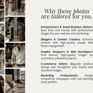 May include: A collage of images showcasing different scenarios where high-quality stock photos can be used. The text reads "Why these photos are tailored for you." and lists various target audiences, including entrepreneurs, bloggers, graphic designers, e-commerce sellers, and marketing professionals.