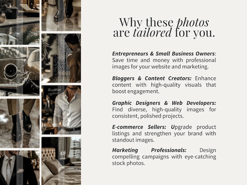 May include: A collage of images showcasing different scenarios where high-quality stock photos can be used. The text reads "Why these photos are tailored for you." and lists various target audiences, including entrepreneurs, bloggers, graphic designers, e-commerce sellers, and marketing professionals.