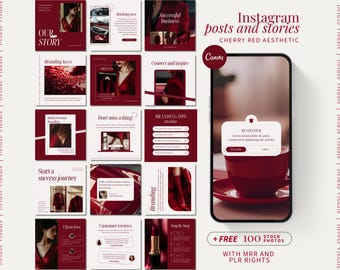 Cherry Red Aesthetic Instagram Template Girl Boss Stock Photos Instagram Branding Cherry Red MRR PLR Social Media Marketing Digital Business