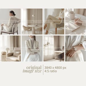 May include: A collage of six images showcasing a minimalist interior design aesthetic. The images depict a white chair, a white armchair, a white table, and a person wearing a white outfit. The images are all in a neutral colour palette and feature soft lighting.