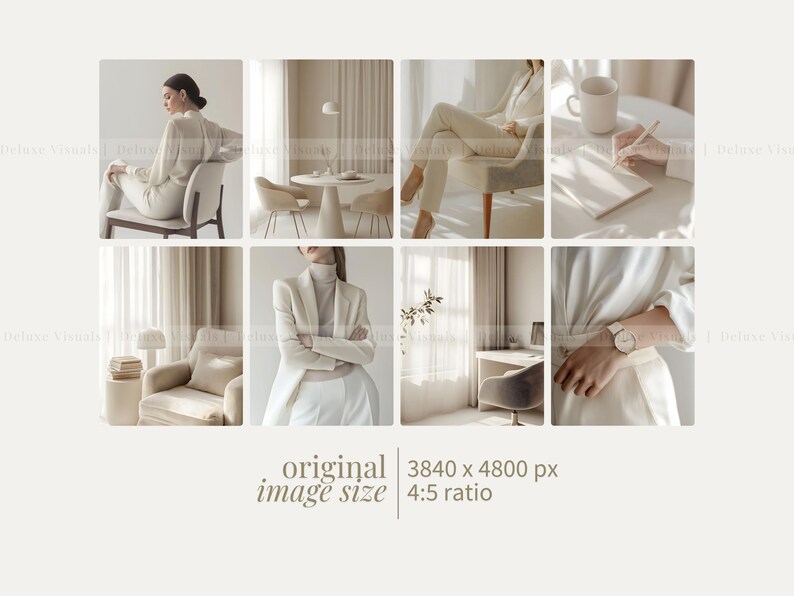 May include: A collage of six images showcasing a minimalist interior design aesthetic. The images depict a white chair, a white armchair, a white table, and a person wearing a white outfit. The images are all in a neutral colour palette and feature soft lighting.