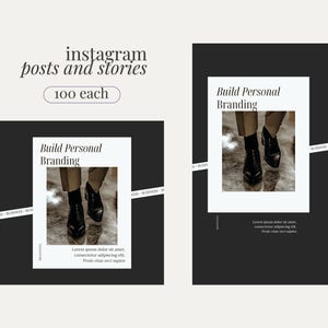 May include: A black and white graphic design template for Instagram posts and stories. The template features the text "Build Personal Branding" and a photo of a person's feet wearing black shoes.