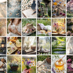 Op de afbeelding: Een collage van afbeeldingen met verschillende lente- en zomerthema's, waaronder bloemen, natuur en woonaccessoires. De afbeeldingen zijn in een rasterpatroon gerangschikt en tonen een verscheidenheid aan kleuren en texturen.