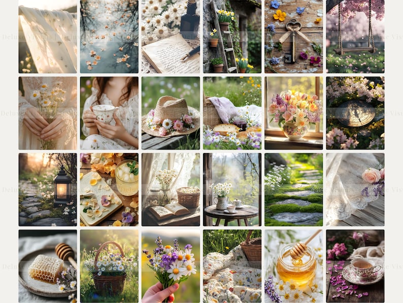 Op de afbeelding: Een collage van afbeeldingen met verschillende lente- en zomerthema's, waaronder bloemen, natuur en woonaccessoires. De afbeeldingen zijn in een rasterpatroon gerangschikt en tonen een verscheidenheid aan kleuren en texturen.