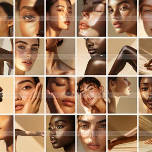 Pode incluir: Uma colagem de 16 imagens com retratos de close-up de pessoas com diferentes tons de pele. Cada imagem mostra uma ilumina&ccedil;&atilde;o natural e destaca a beleza dos tons de pele diversos.
