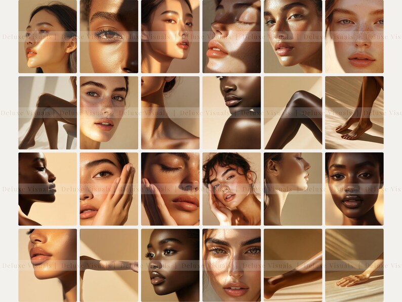 Pode incluir: Uma colagem de 16 imagens com retratos de close-up de pessoas com diferentes tons de pele. Cada imagem mostra uma ilumina&ccedil;&atilde;o natural e destaca a beleza dos tons de pele diversos.