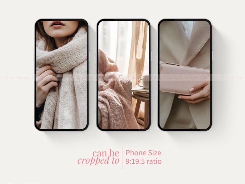 May include: Three images showing different ways to crop a photo for a phone screen. The first image shows a person wearing a light brown scarf. The second image shows a light brown blanket on a chair. The third image shows a person holding a light pink clutch purse.